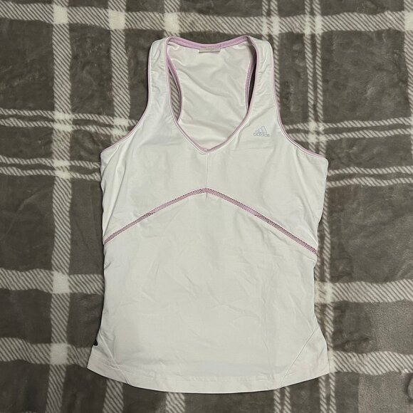 Adidas White Athletic Tank w/ Purple Trim & Lace-Up Back – Sporty & Stylish - Picture 1 of 5